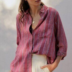 Anthropologie Pilcro magenta embroidered boyfriend button down blouse